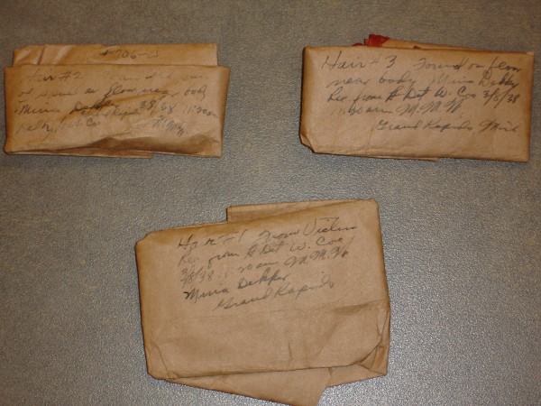 Packets of Mina's hair--carefully annotated and preserved--from the case file.
